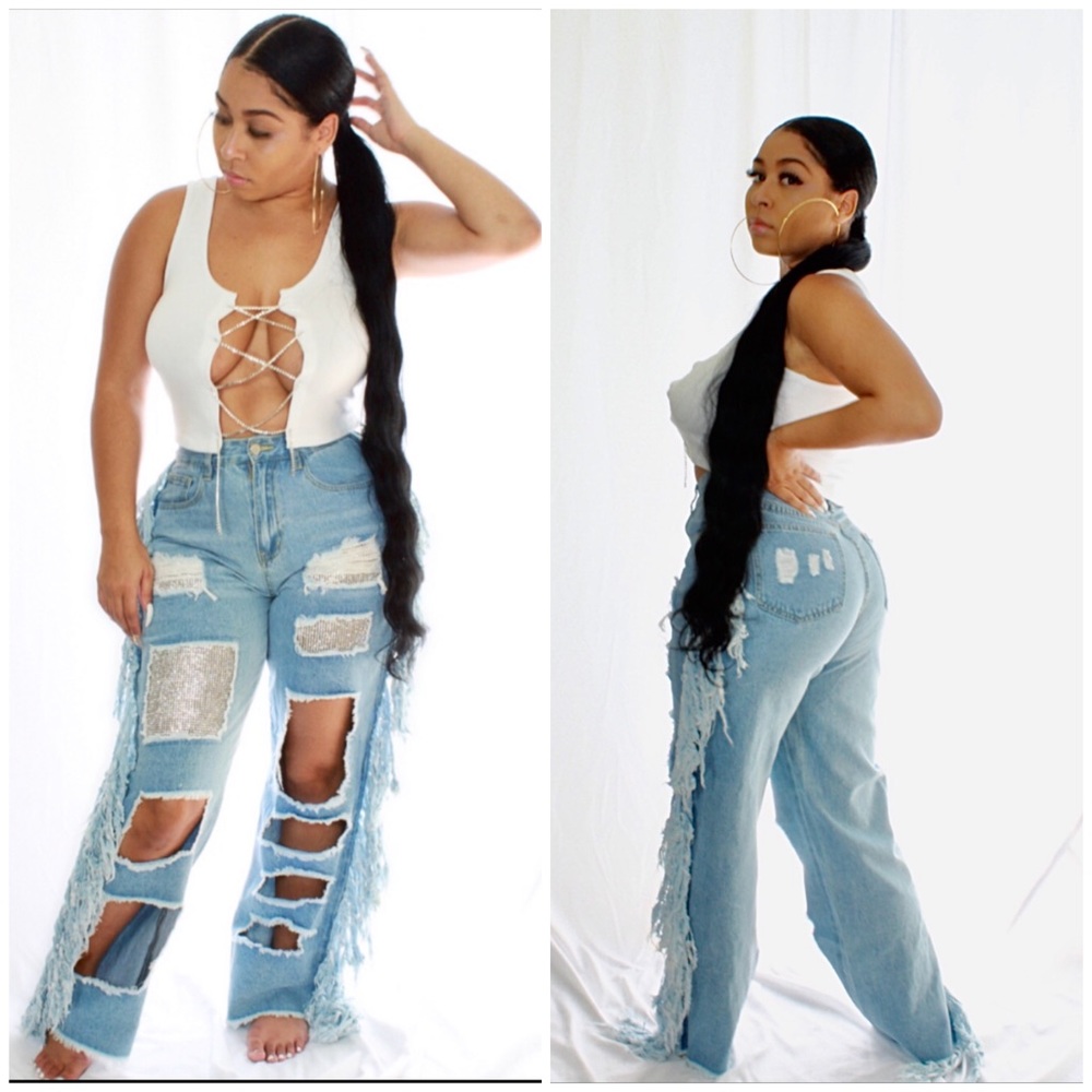 Straight leg boyfriend style glam rhinestone encrusted jeans